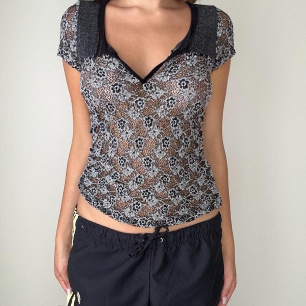 00s black and white floral lace mesh top